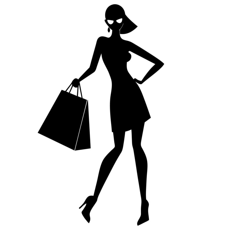 A smart shopping girl stand with a shopping bag silhouette, black color illustration vector