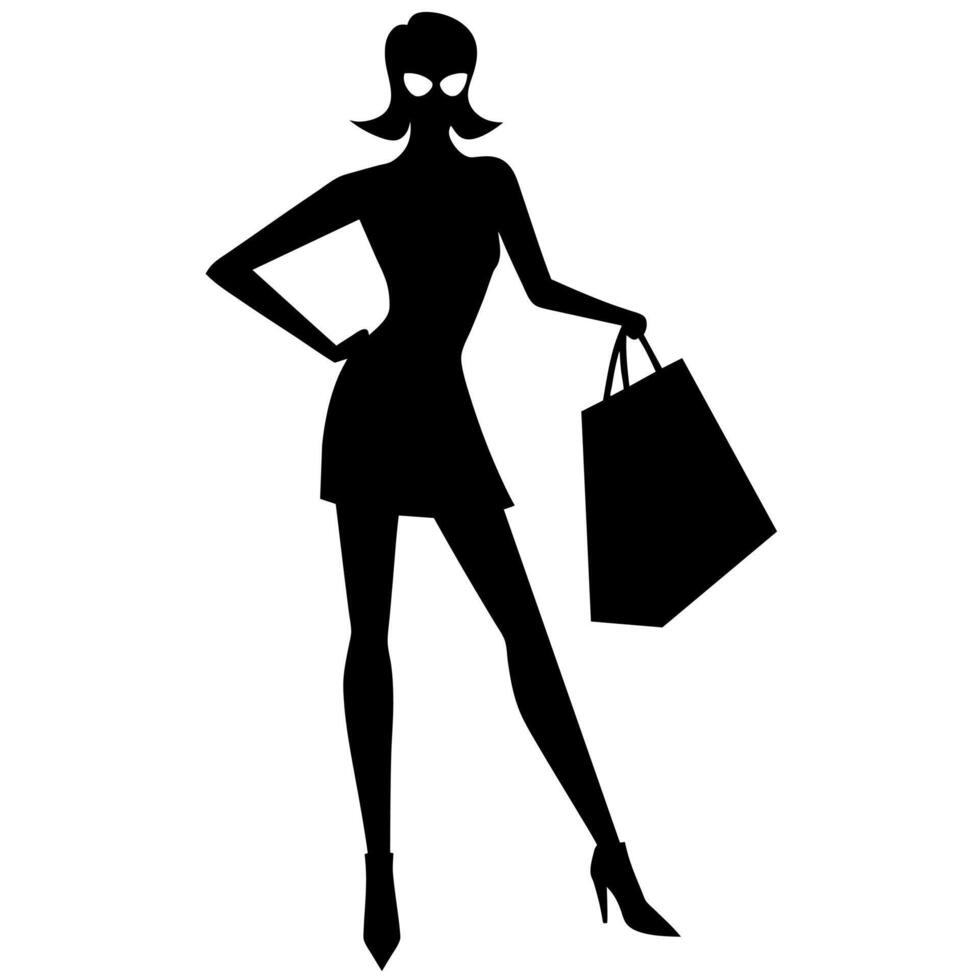A smart shopping girl stand with a shopping bag silhouette, black color illustration vector