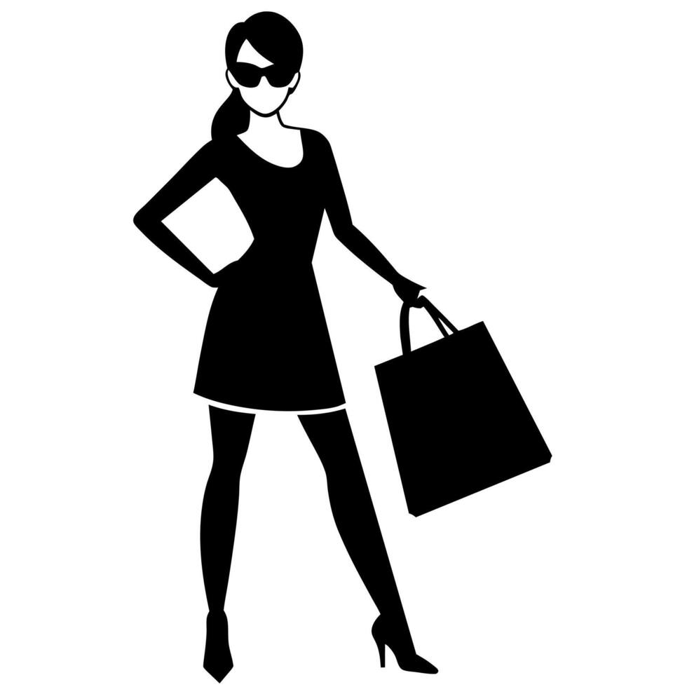 A smart shopping girl stand with a shopping bag silhouette, black color illustration vector