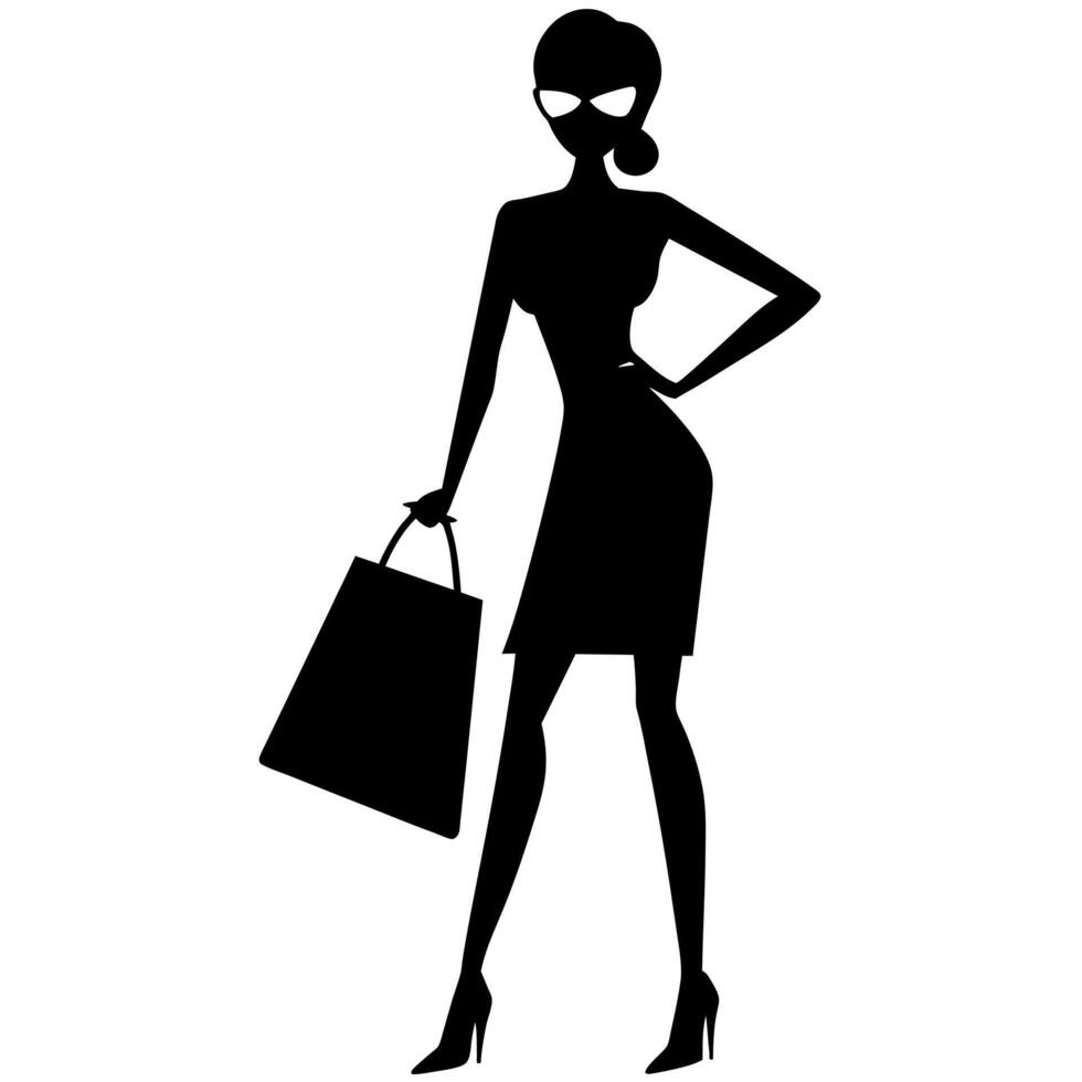 A smart shopping girl stand with a shopping bag silhouette, black color illustration vector