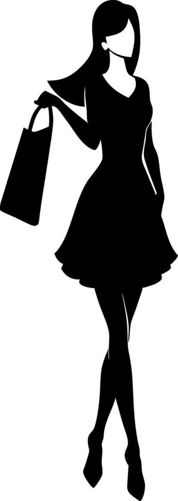 A smart shopping girl stand with a shopping bag silhouette, black color illustration vector