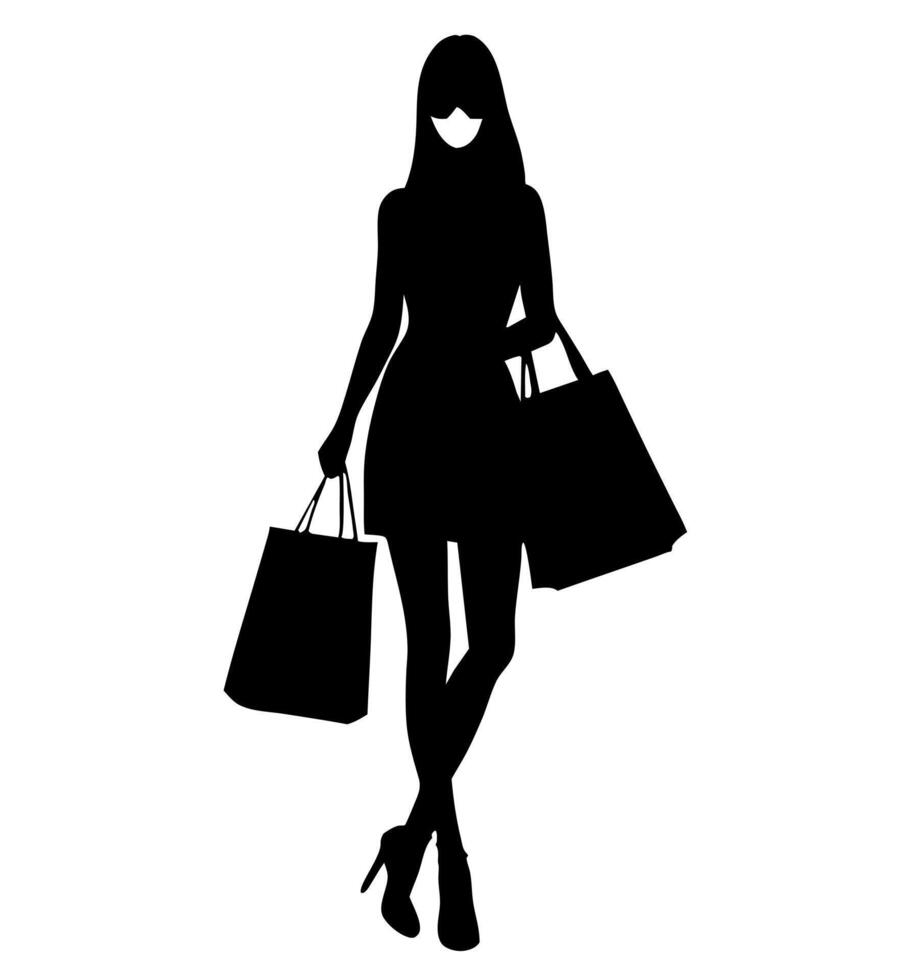 A smart shopping girl stand with a shopping bag silhouette, black color illustration vector