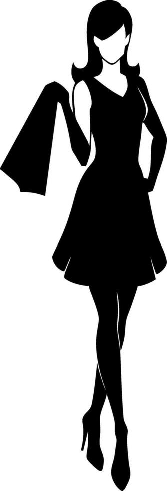 A smart shopping girl stand with a shopping bag silhouette, black color illustration vector