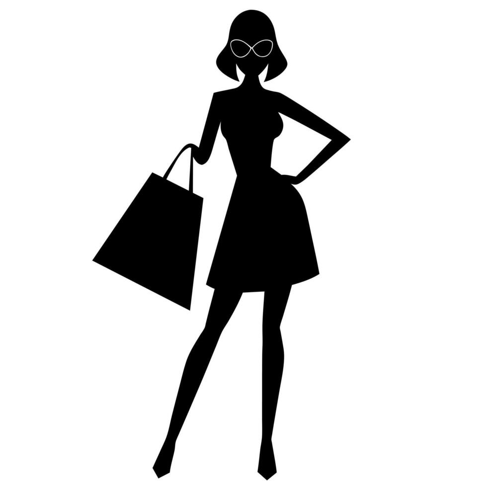 A smart shopping girl stand with a shopping bag silhouette, black color illustration vector