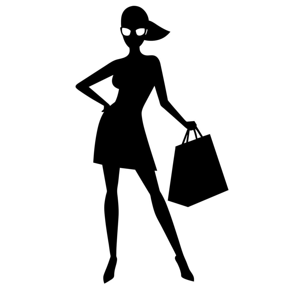 A smart shopping girl stand with a shopping bag silhouette, black color illustration vector