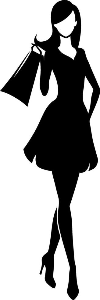 A smart shopping girl stand with a shopping bag silhouette, black color illustration vector