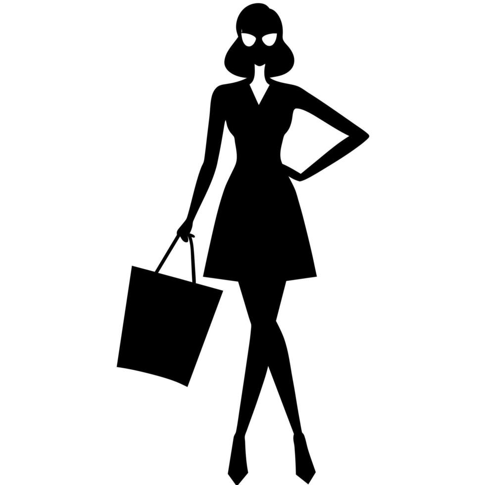A smart shopping girl stand with a shopping bag silhouette, black color illustration vector