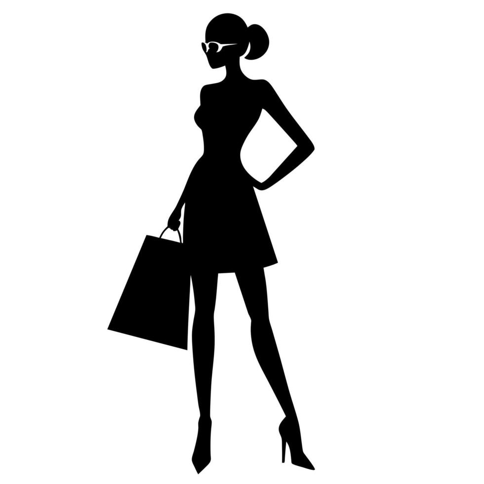A smart shopping girl stand with a shopping bag silhouette, black color illustration vector