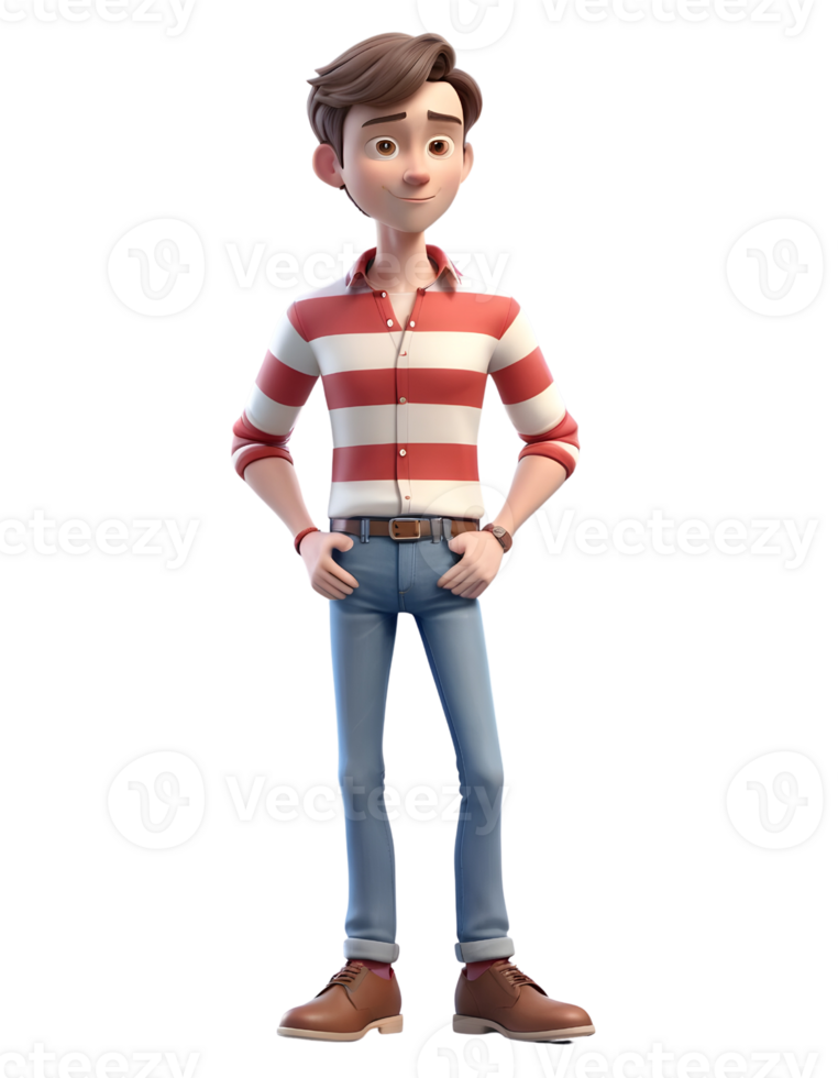 3D male character stylized as a red and white shirt model png