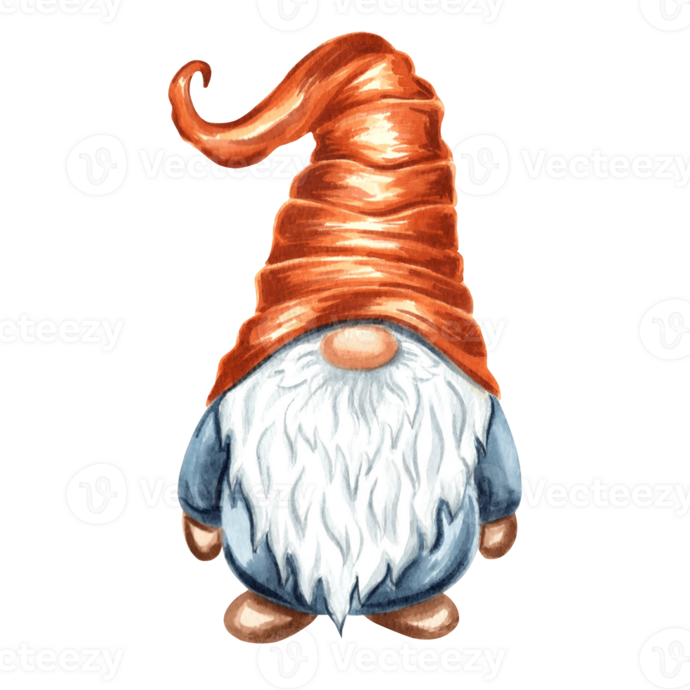 Fall Gnome in conus hat. Nordic magic dwarfs. Hand drawn watercolor illustration isolated. Cute Cartoon elf for autumn decor and thanksgiving, kids print. Clip art for sticker, embroidery, invitation. png