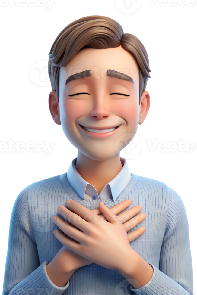 3d render of a man Grateful Smile Show a man with hands over their heart, eyes closed, and a gentle smile, expressing gratitude png