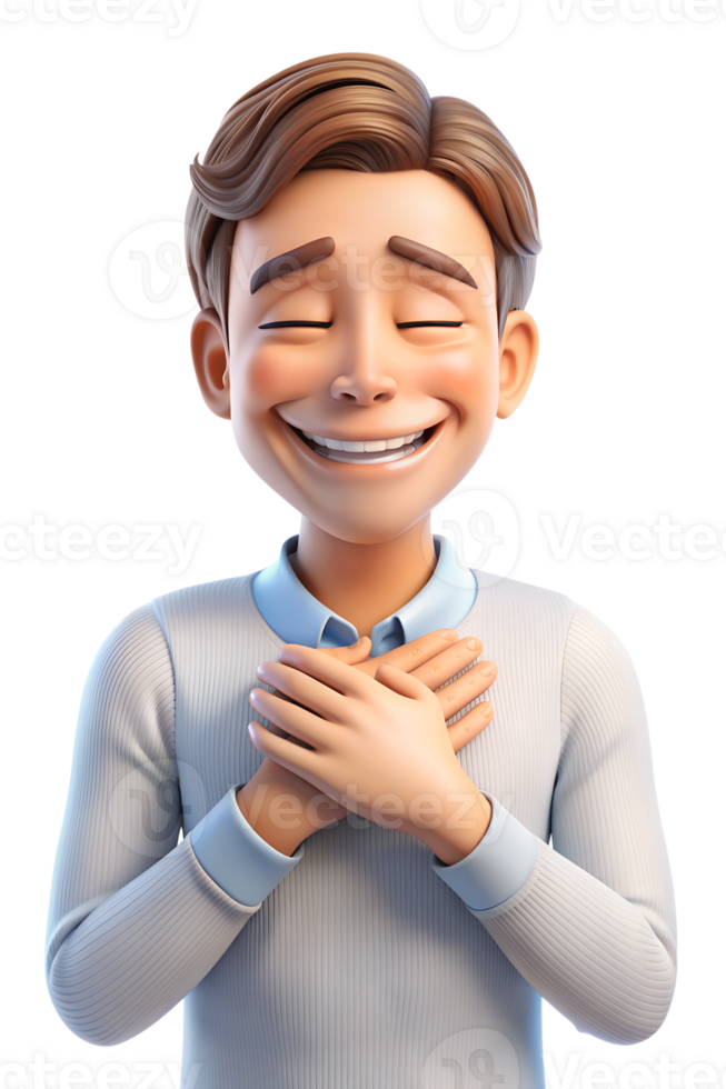 3d render of a man Grateful Smile Show a man with hands over their heart, eyes closed, and a gentle smile, expressing gratitude png