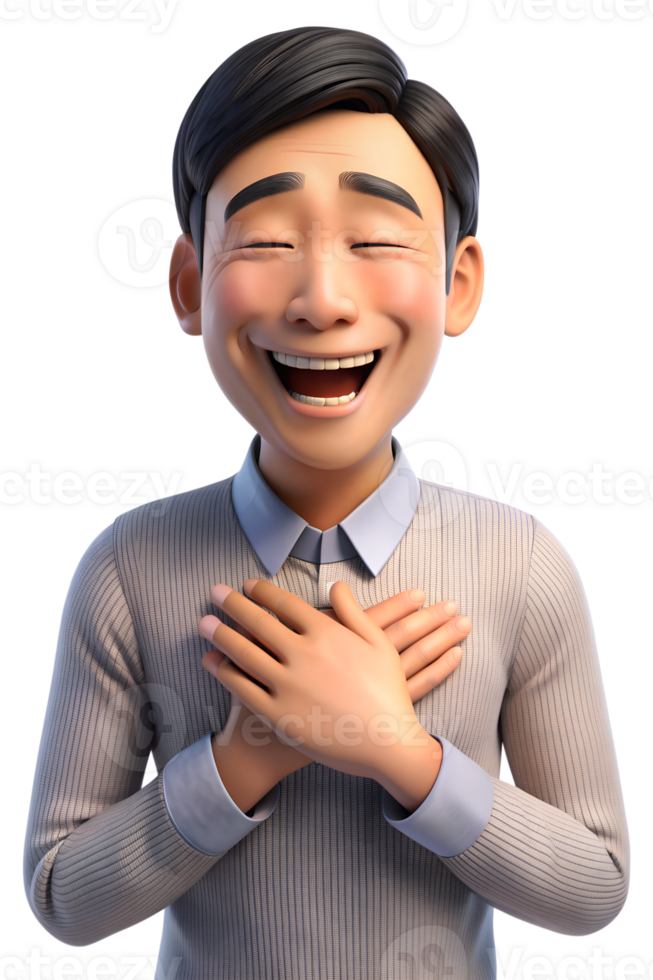 3d render of a asian man Grateful Smile Show a asian man with hands over their heart, eyes closed, and a gentle smile, expressing gratitude png