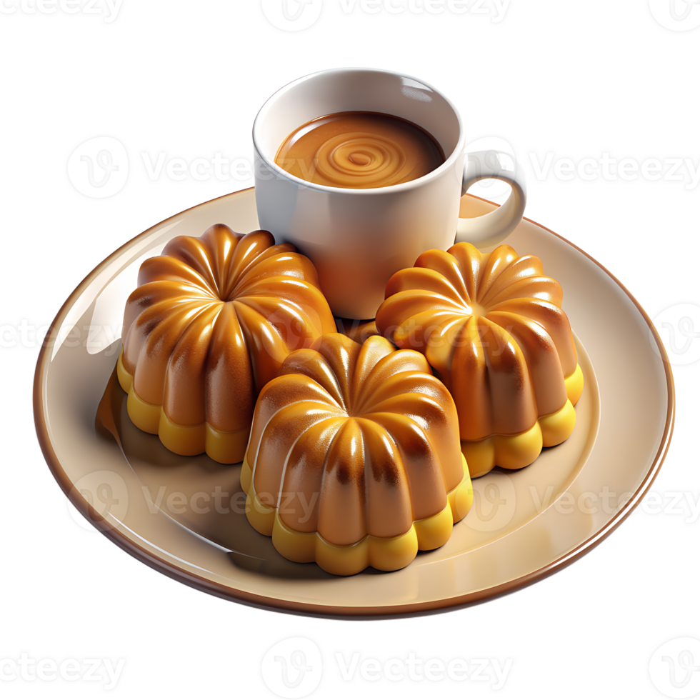 3D of Golden French Caneles with a caramelized crust, set on a white plate with a cup of coffee png