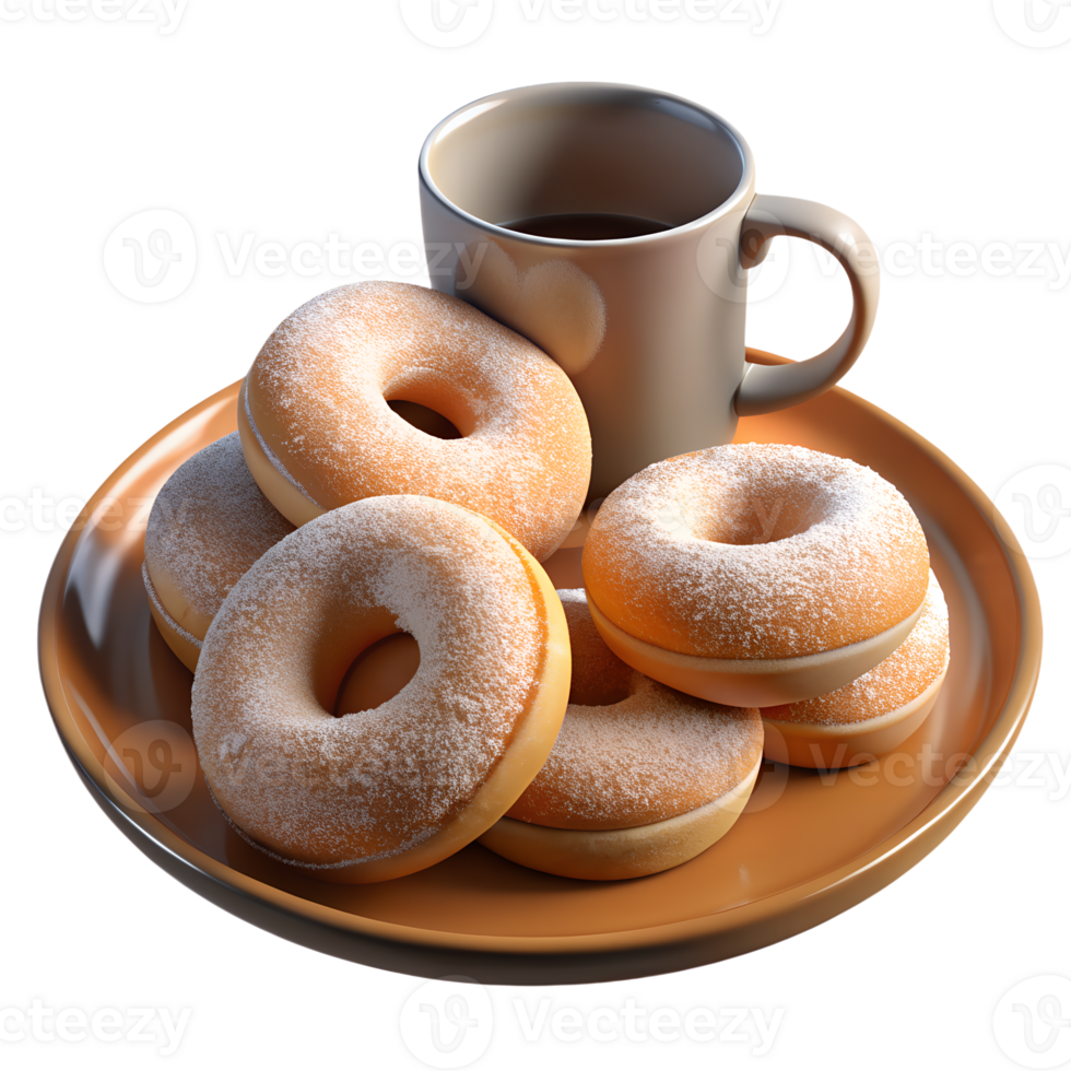 An assortment of rosquillas dusted with powdered sugar, set on a rustic plate with a cup of hot chocolate png