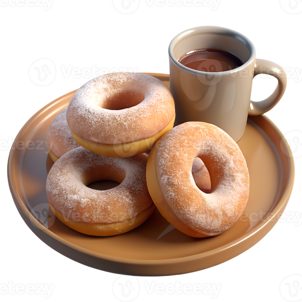 An assortment of rosquillas dusted with powdered sugar, set on a rustic plate with a cup of hot chocolate png