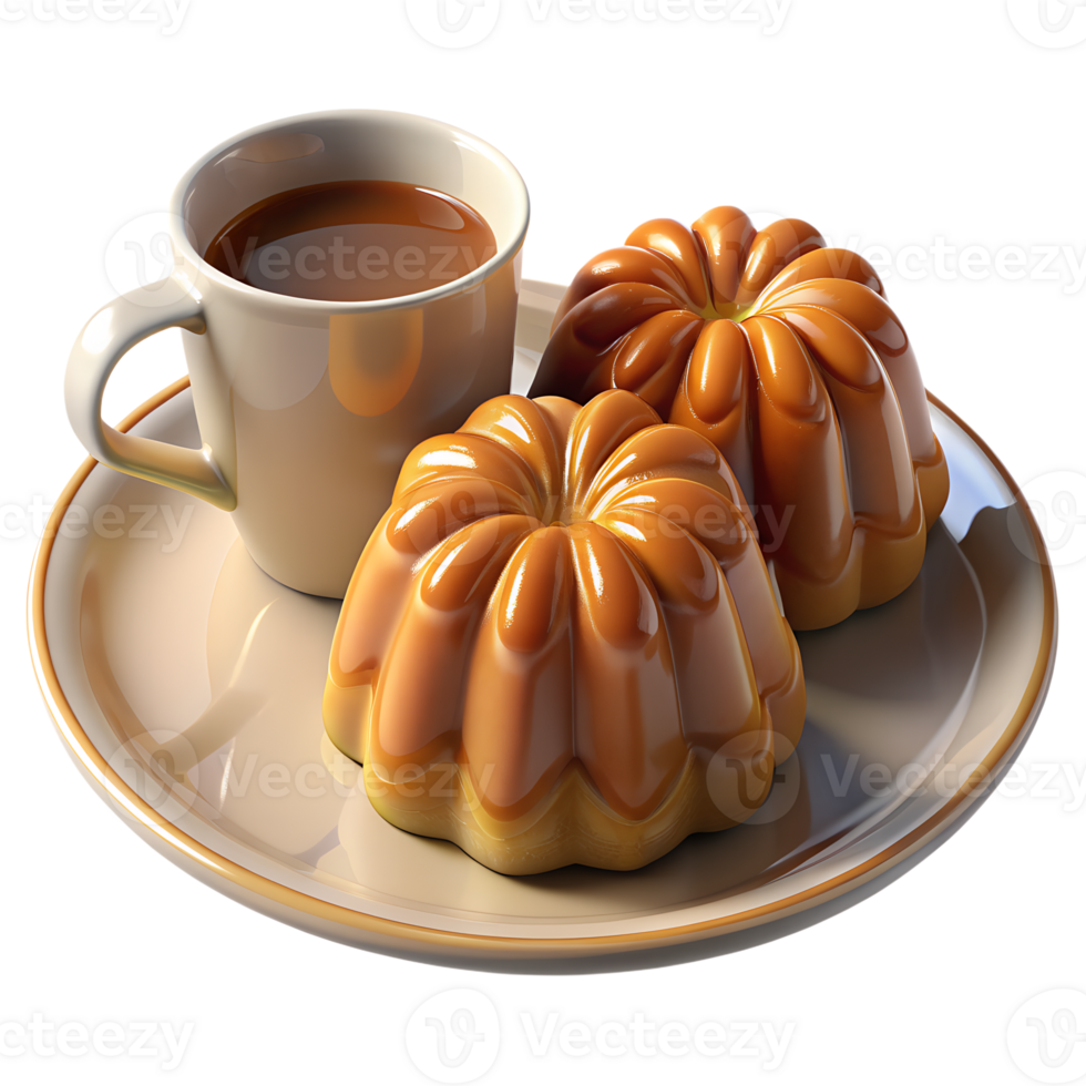 3D of Golden French Caneles with a caramelized crust, set on a white plate with a cup of coffee png