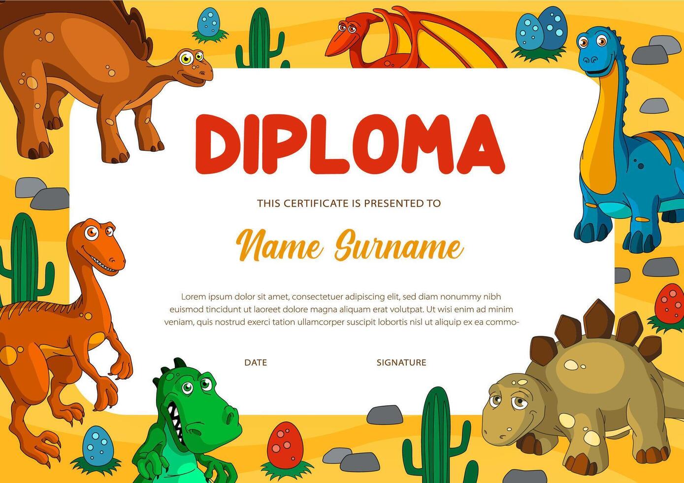 Education diploma certificate template with dinos vector