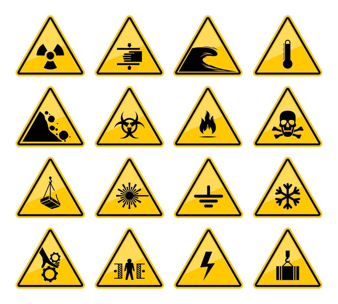Warning signs of hazard and danger caution vector