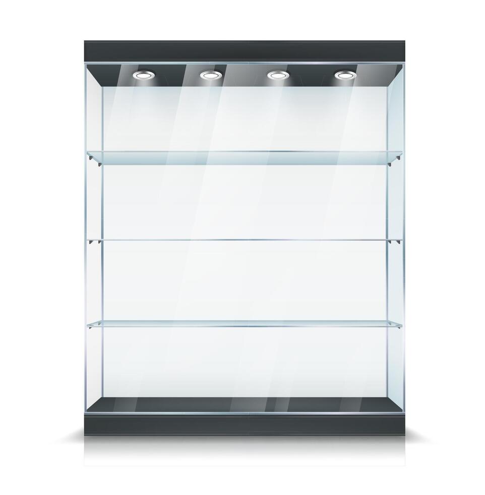 Glass display, showcase stand with shelf and light vector