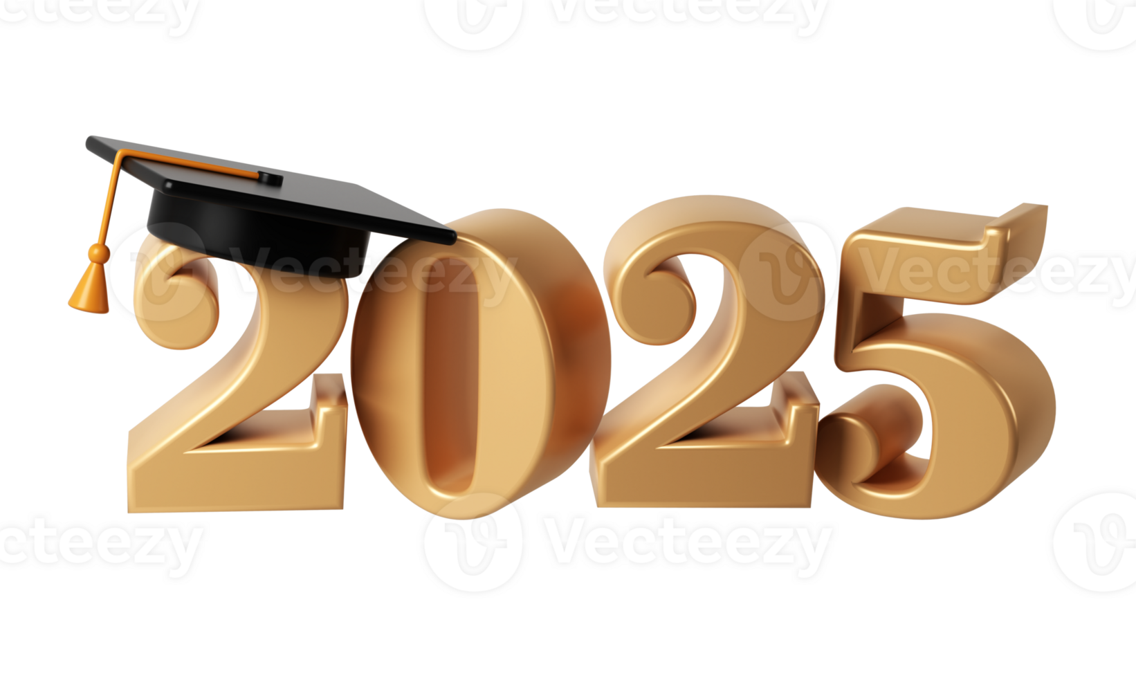 Class of 2025 3d icon. Congratulation graduates design template with black cap and numbers. Gold