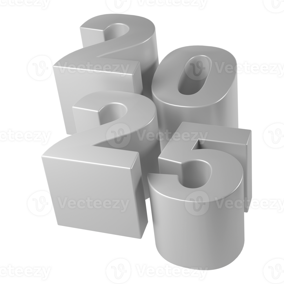 Happy New Year 2025 with shiny silver 3D numbers. Holiday christmas