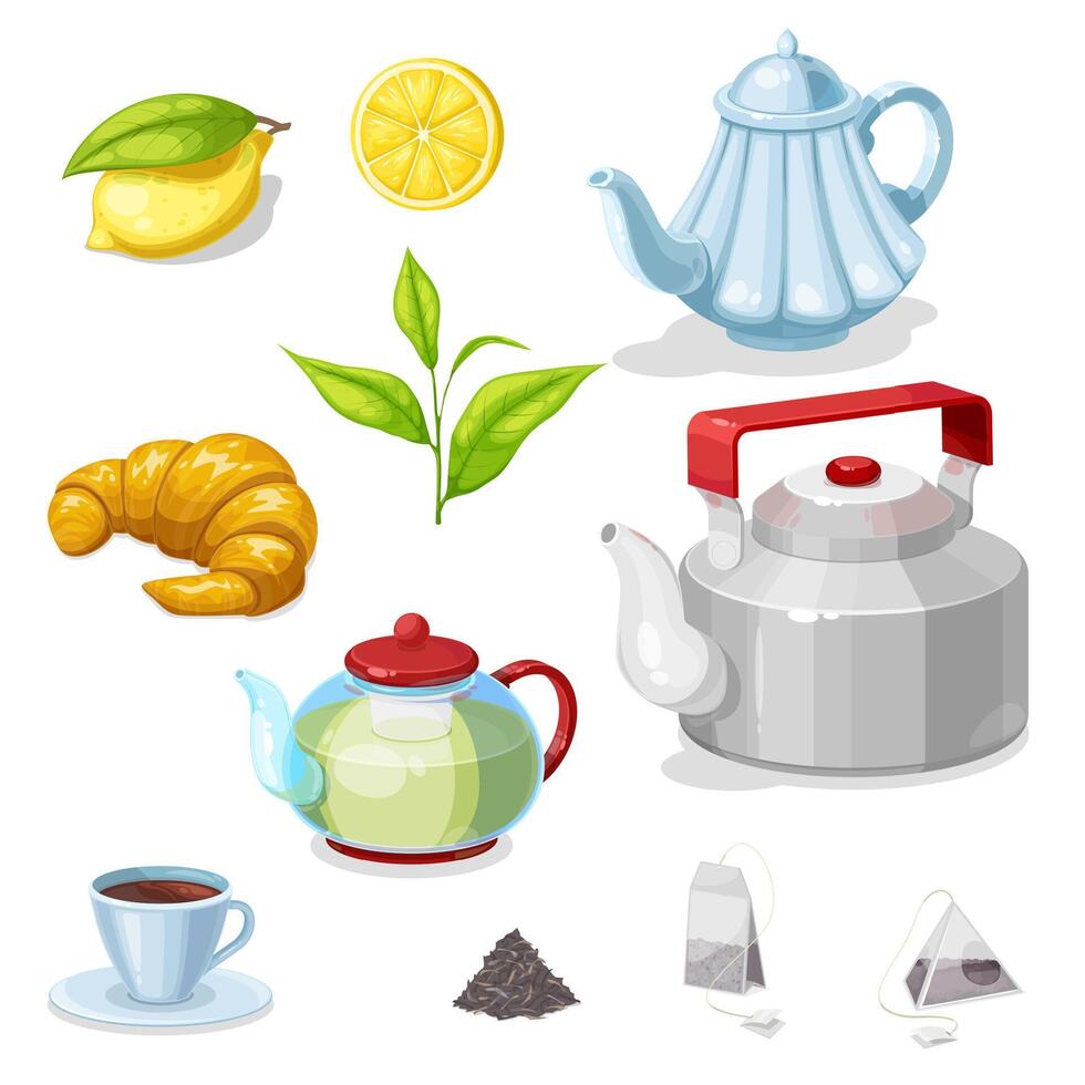 Tea set with green leaf, hot beverage cup, teapot vector