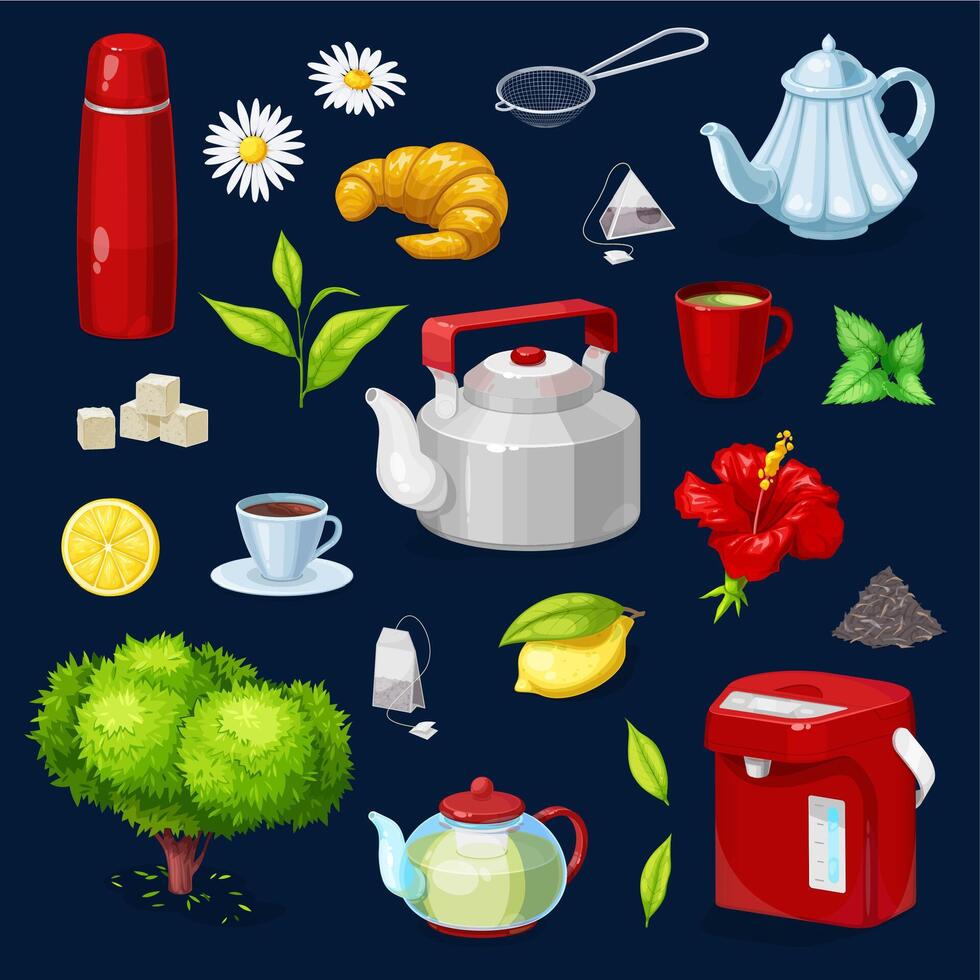 Tea objects isolated icons set. Teapot, cup vector