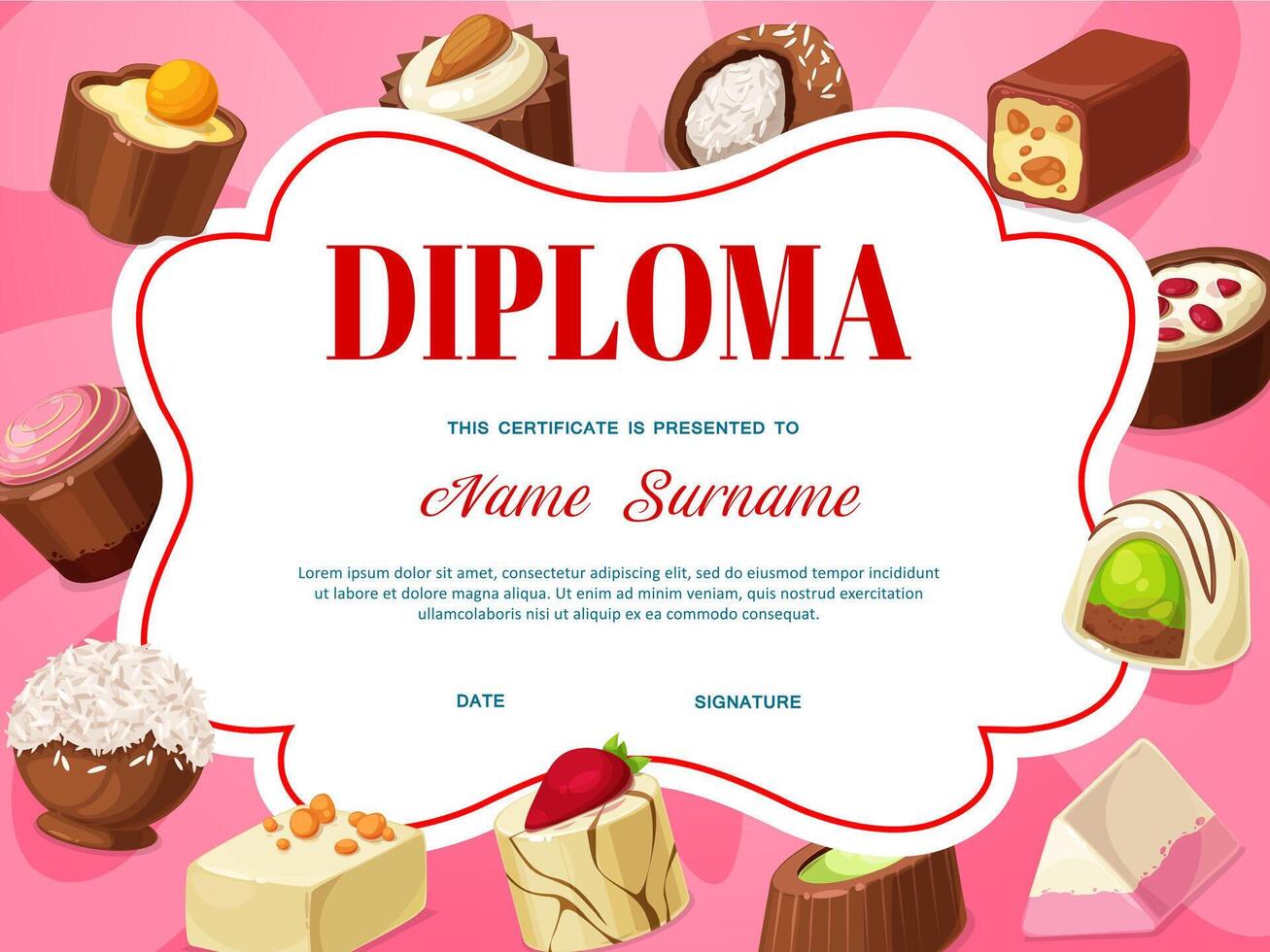 Kids diploma certificate template with chocolate vector