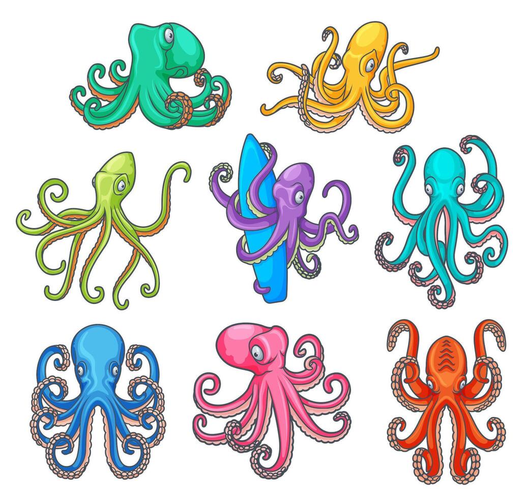 Cartoon colorful octopuses with tentacles vector