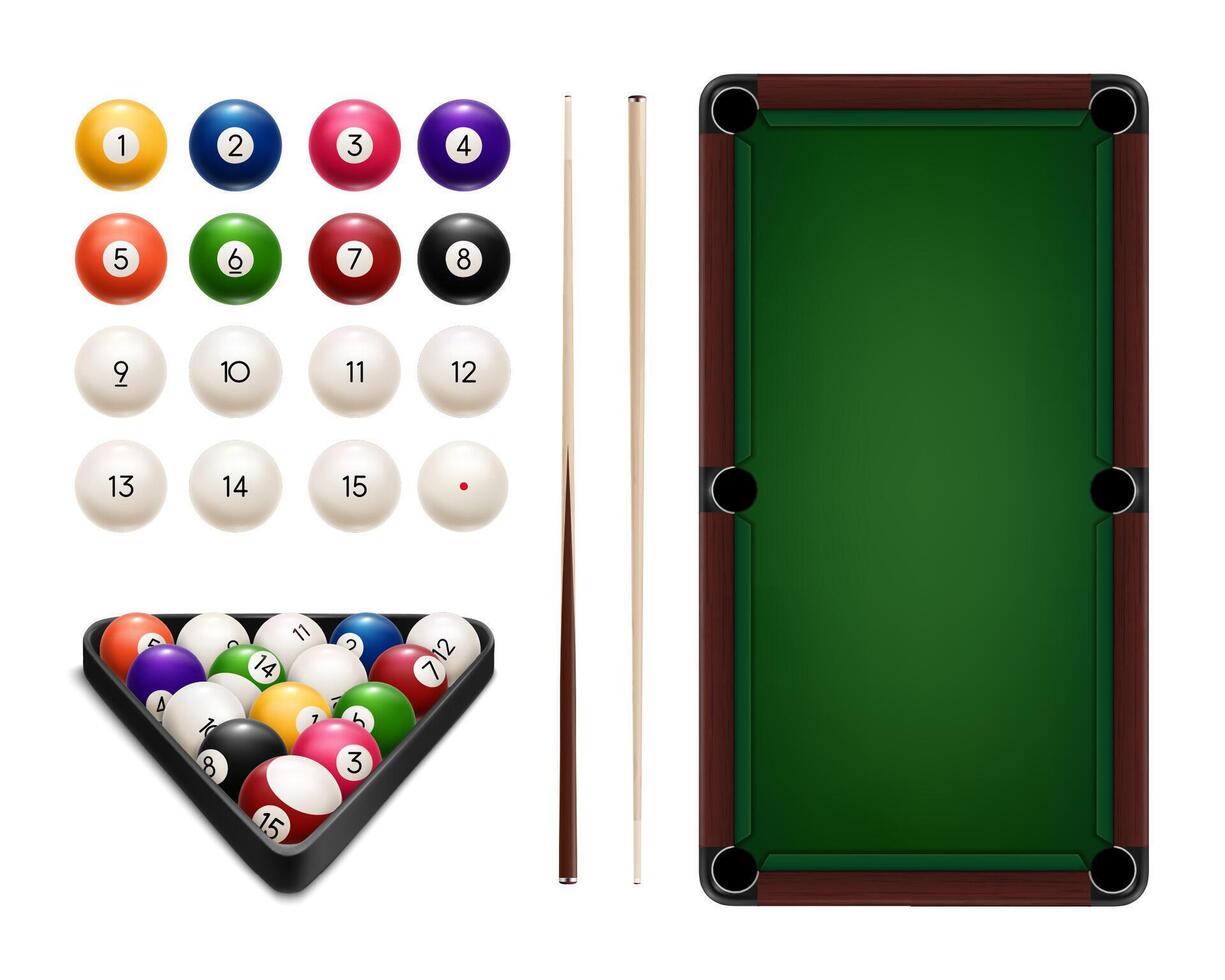 Billiard sport realistic balls, cues, table, rack vector