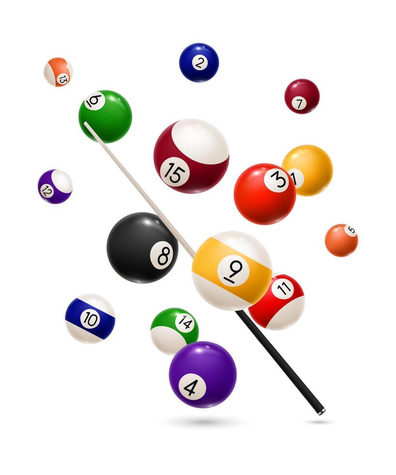 Billiard sport game realistic balls and cue vector