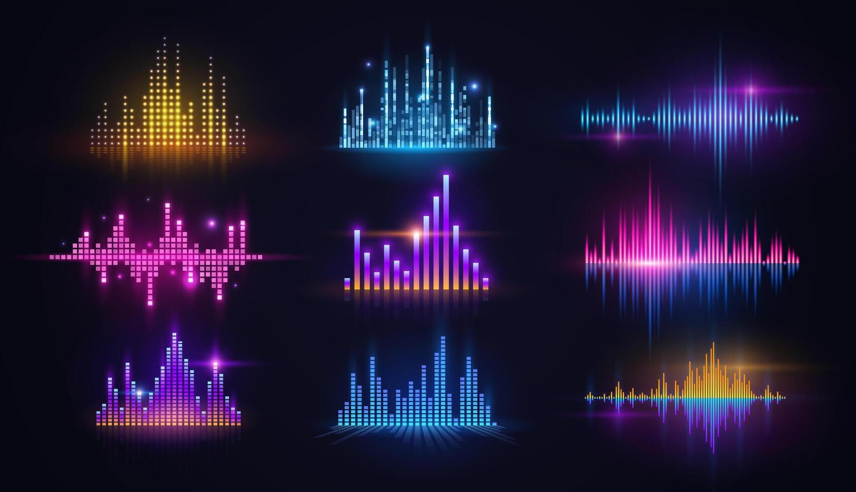 Music sound wave neon equalizers, audio technology vector