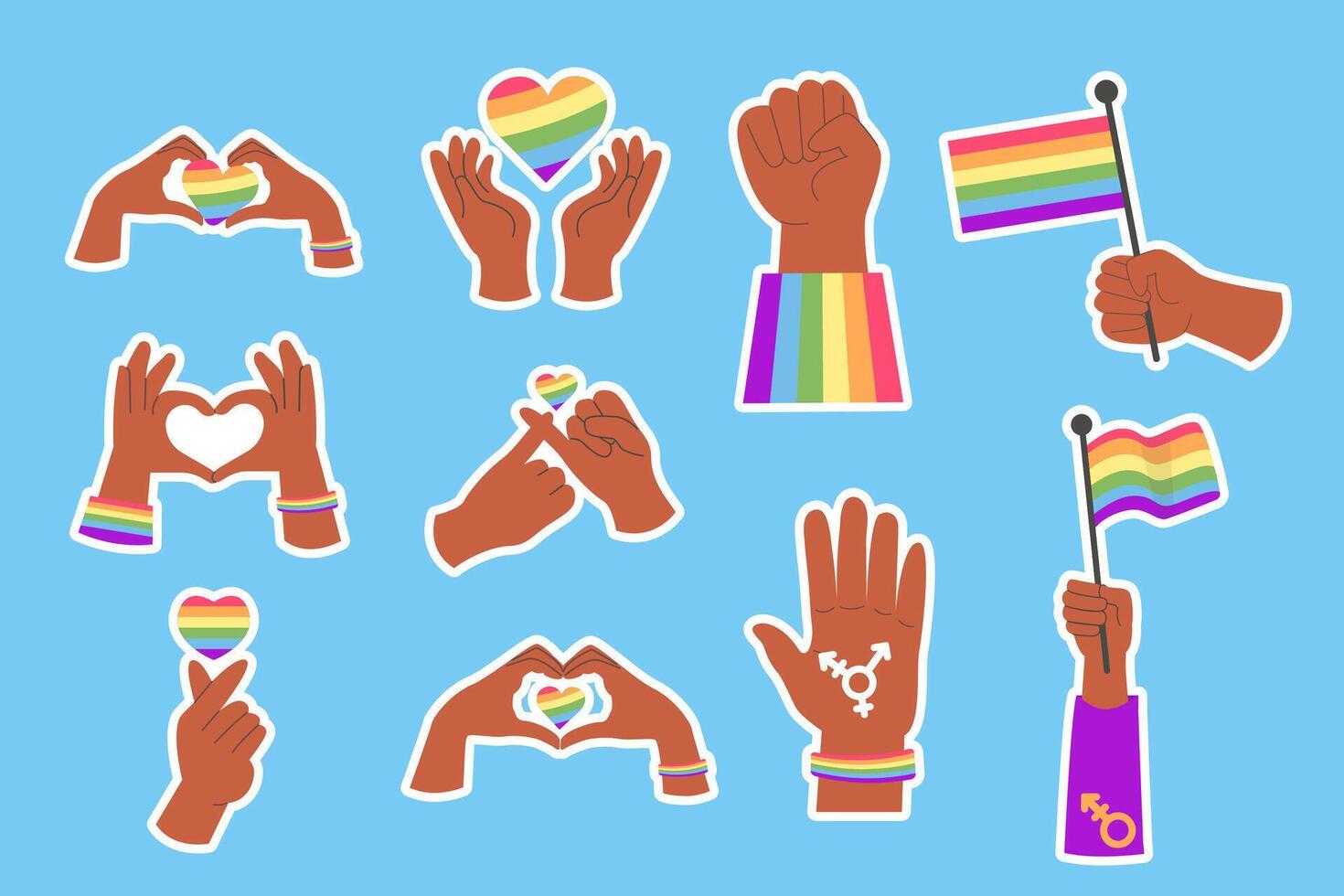 LGBT stickers African American hands with heart and flag vector