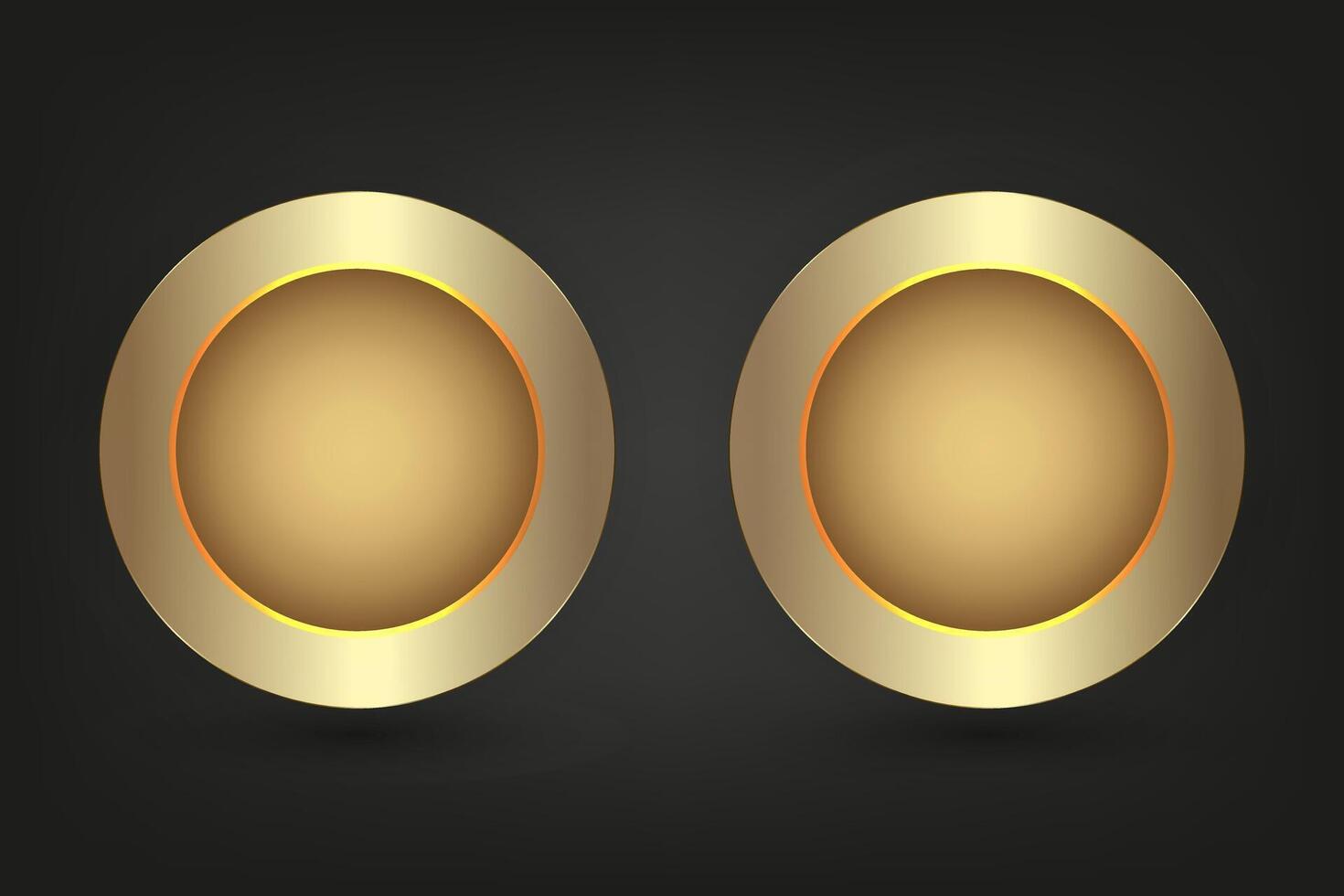 Set of two luxurious and shiny metal golden circle buttons against a black background, creating a striking contrast , illustration design vector