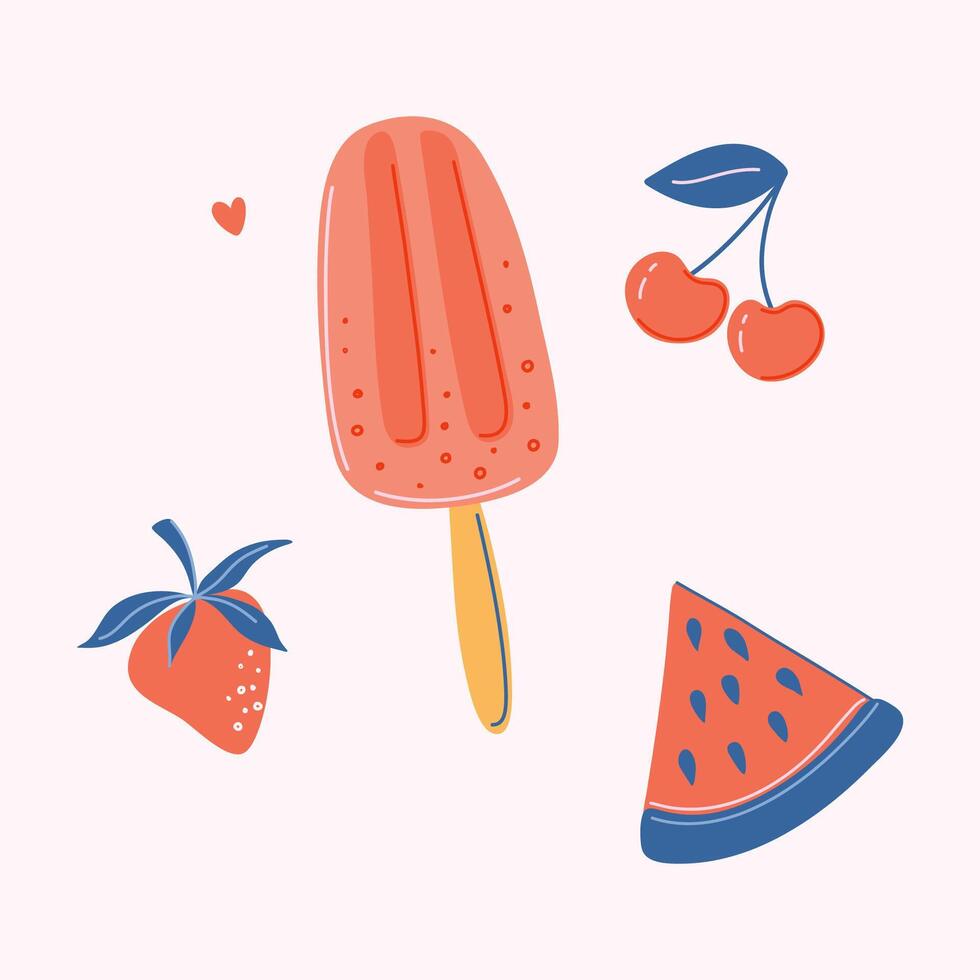 Watermelon and berries Ice Cream Popsicle Ingredients. Vegan recipe. Traditional Summer beach dessert. Cute hand drawn illustration. vector