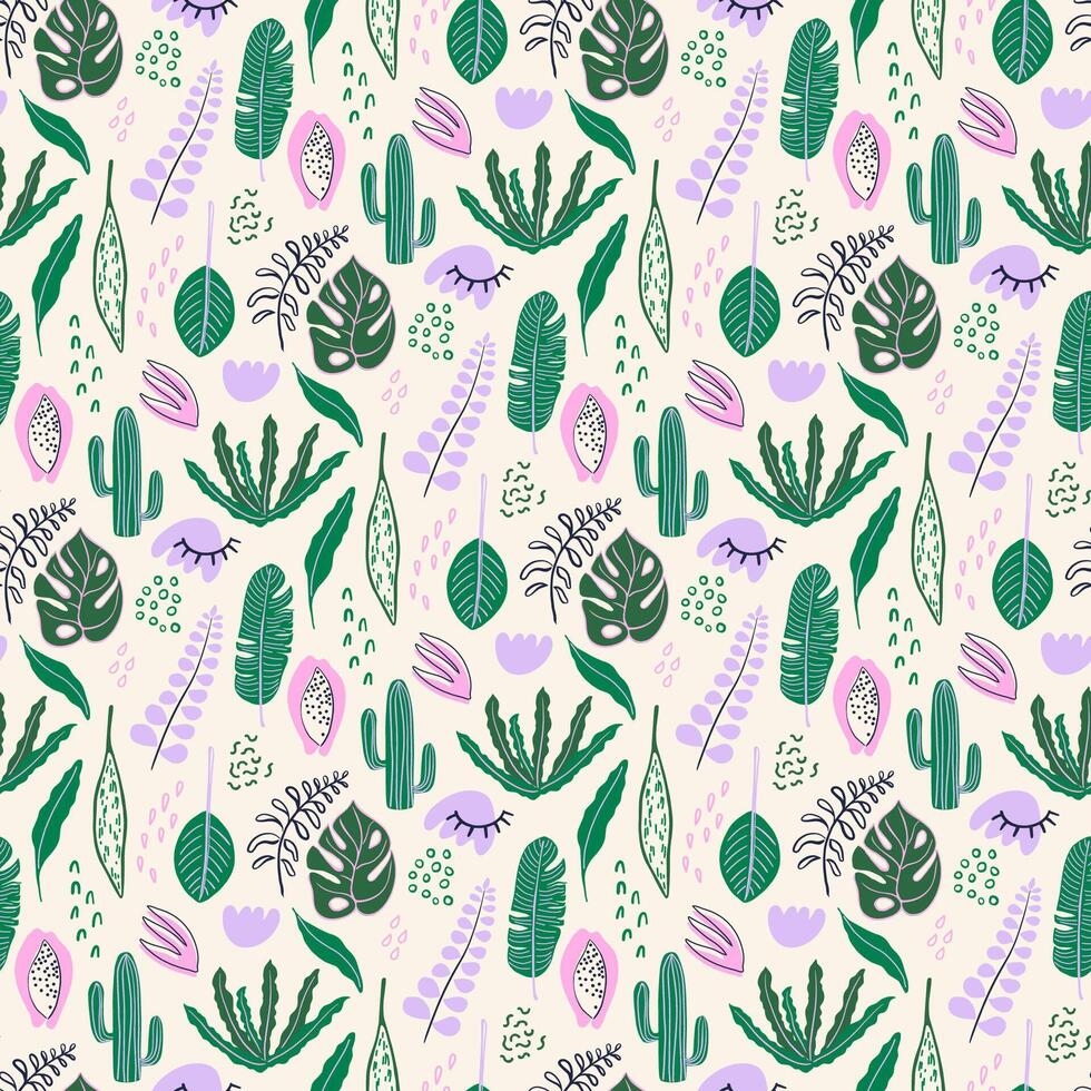 Abstract seamless pattern with tropical rainforest plants. Naive art hand drawn textures, leaves and flowers. Bright modern background for paper, textile, social media design. vector