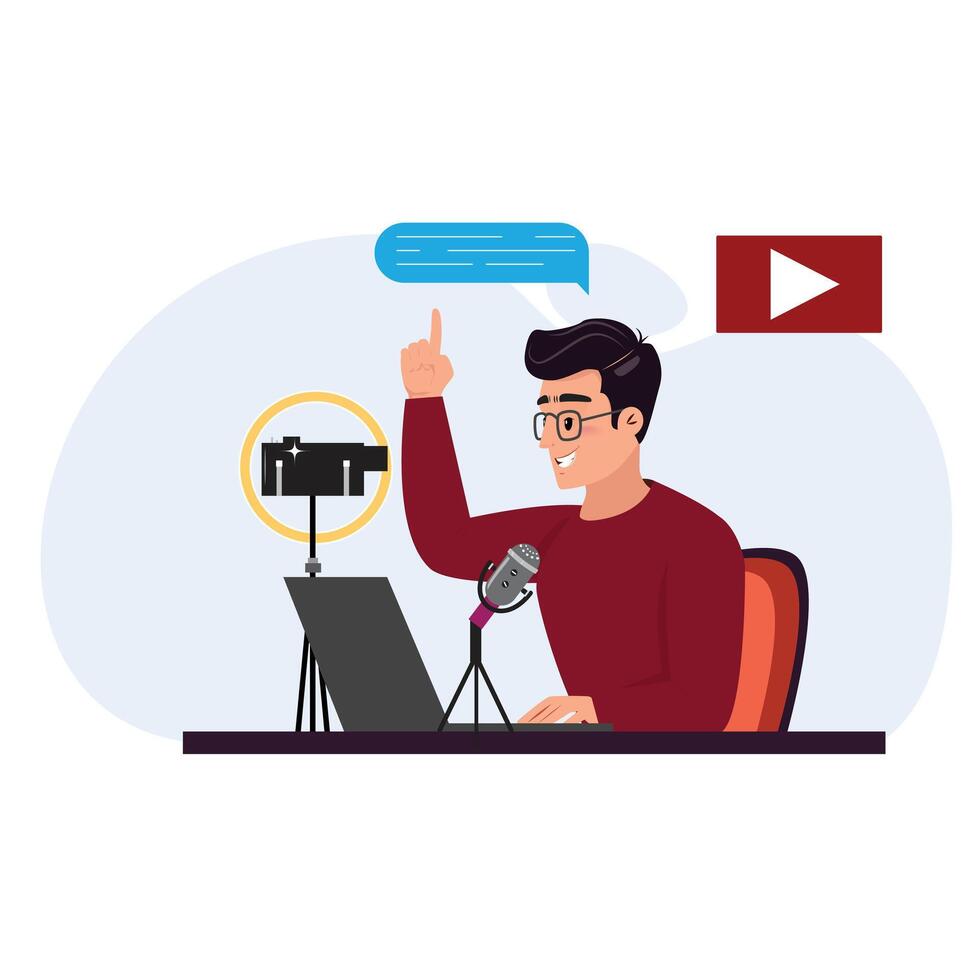 Man with glasses is seated at a desk, actively streaming or recording content vector