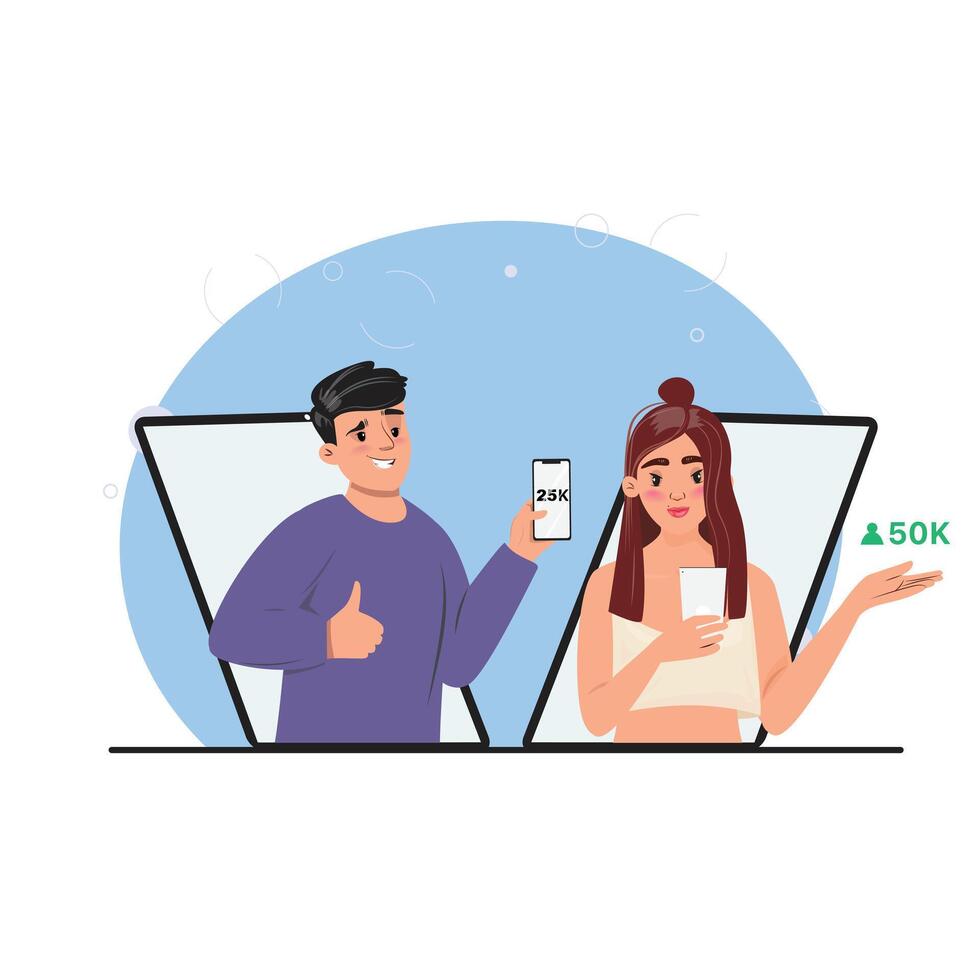 Young man and a young lady with their cellphones, highlighting the follower count on their screens. Social media, influencer concept vector