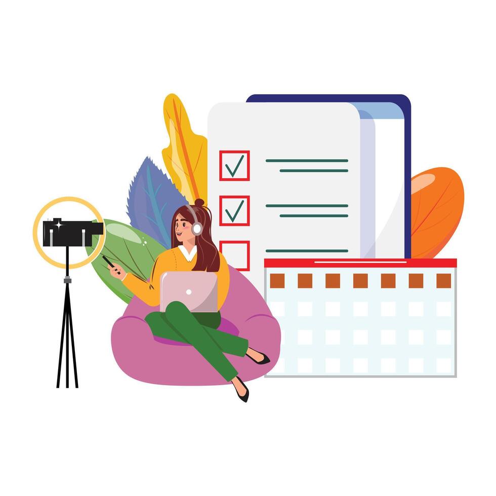 Young woman sitting in the armchair, wearing a headset, holding a laptop on the lap and using a cellphone vector