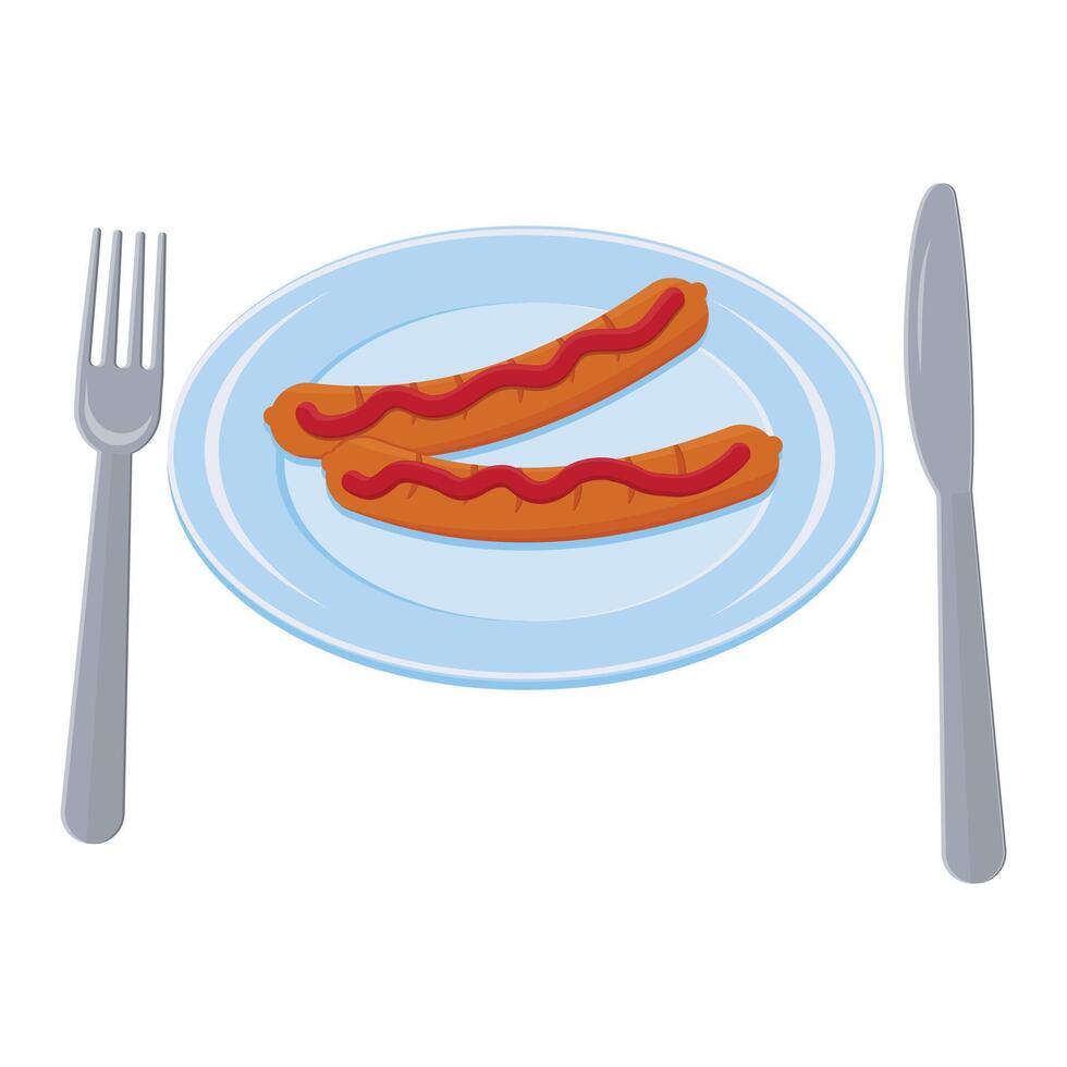 Sausage on a plate, color isolated illustration on a white background vector