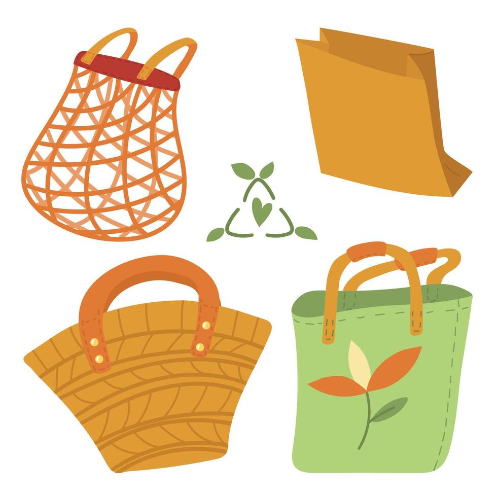 Set of environmentally friendly and reusable bags - straw, paper, fabric and mesh. A conscious and stylish approach to shopping and daily life. An eco-friendly lifestyle. A sign of recycling. Isolated vector