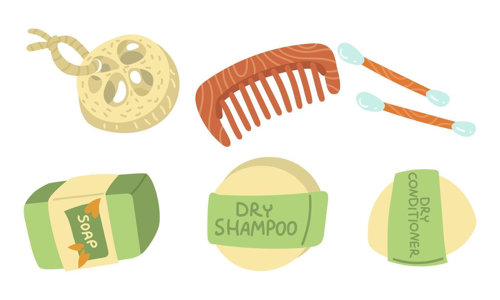 A set of environmentally friendly dry conditioner and shampoo, soap, wooden comb, wooden ear sticks, natural loofah sponge. Eco-friendly and natural ingredients. An organic self-care product. Isolated vector