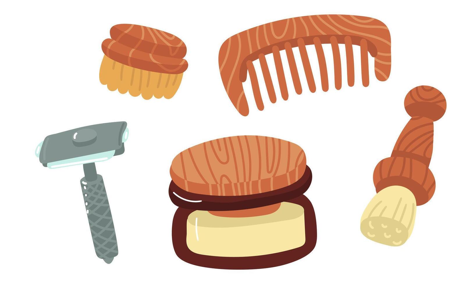 Set of different natural shaving brushes, a steel machine, cream in a glass jar, a wooden comb. Environmentally friendly materials. Self-care items in the style of careful attitude to personal hygiene vector