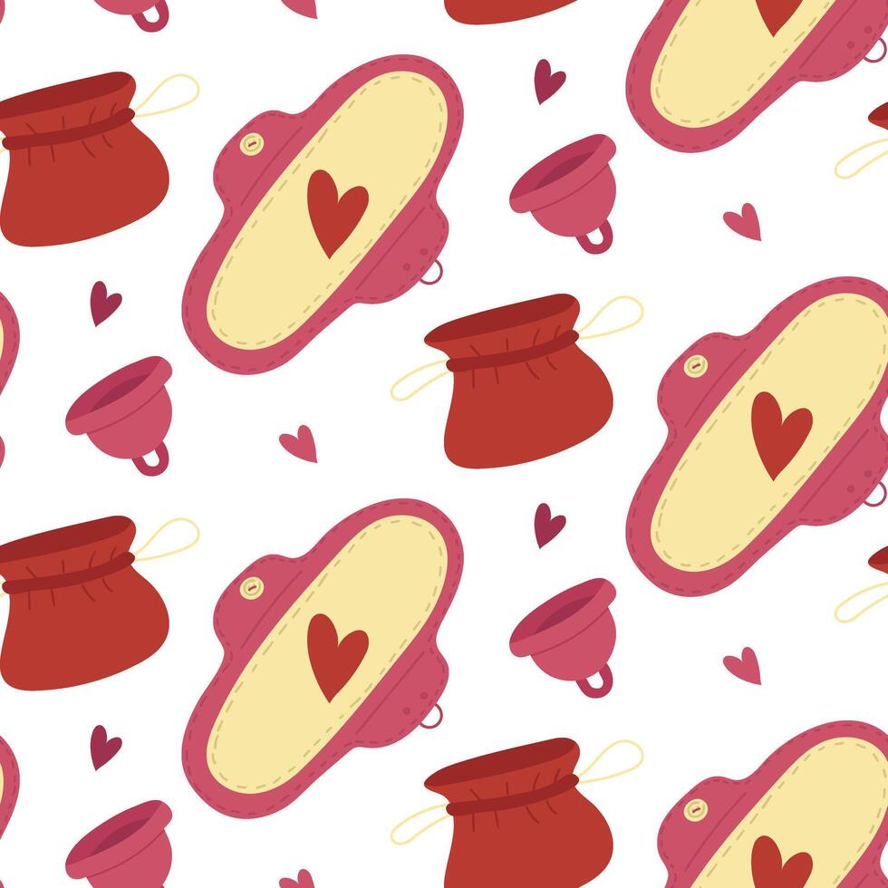 An eco-friendly pattern of reusable menstruation products, a fabric pad and a menstrual cup complete with packaging. Feminine hygiene products, a convenient approach to menstruation. Seamless vector