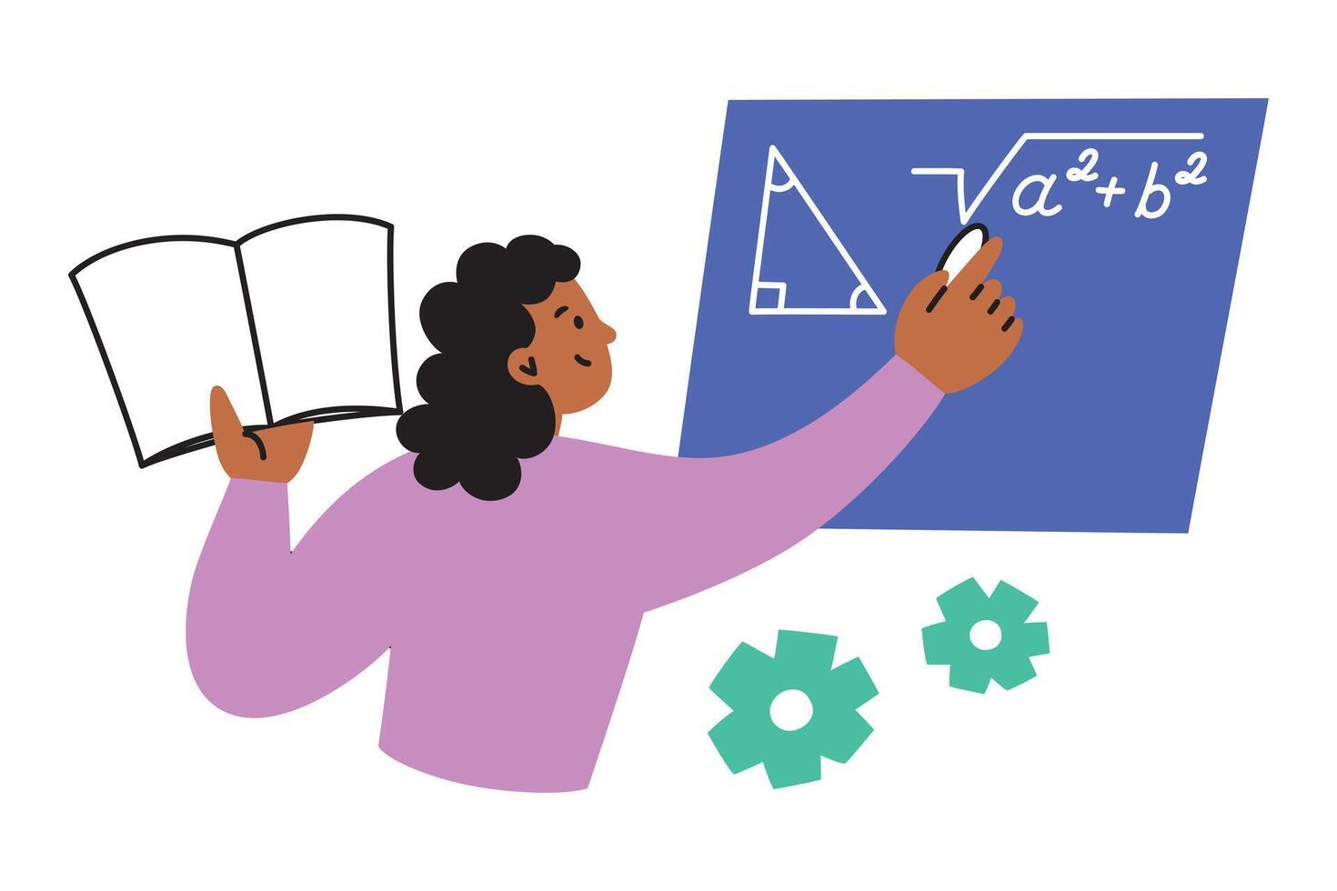 illustration of a student or teacher writing geometric formulas and solving a math problem with the Pythagorean theorem on a blackboard. Flat cartoon style, for educational, school contexts vector