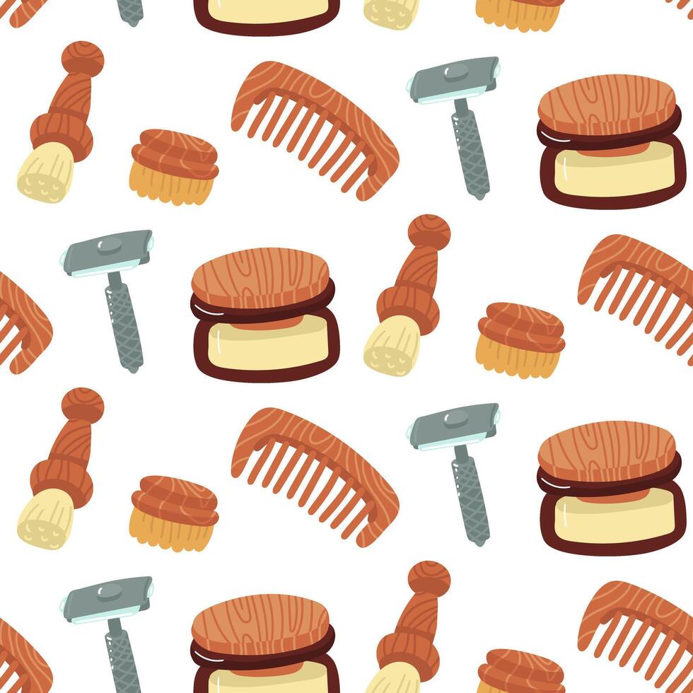 Pattern of different natural shaving brushes, a steel machine, cream in a glass jar, a wooden comb. Environmentally friendly materials. A texture for self-care packaging. Careful personal hygiene vector