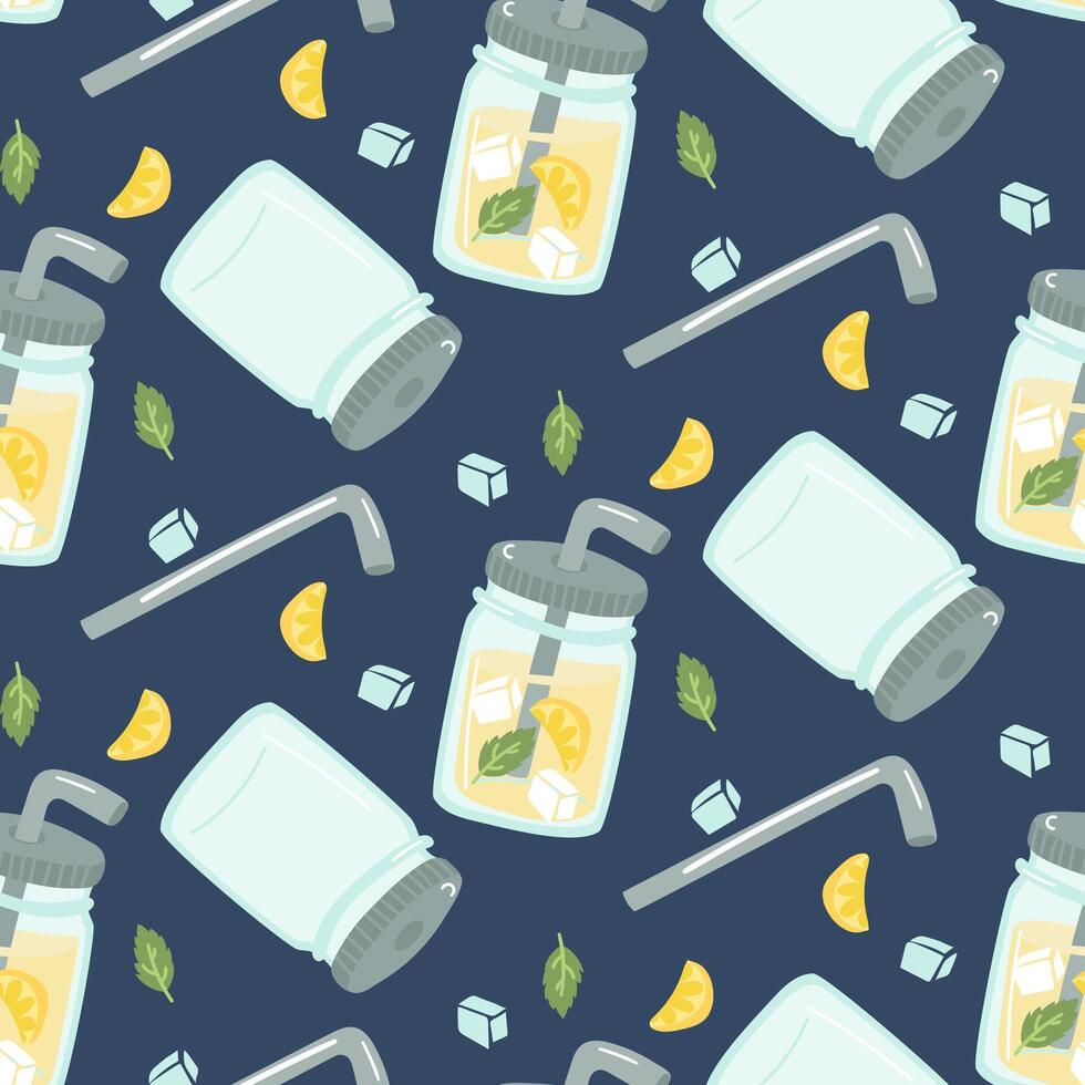 A pattern with an illustration of a glass jar with a straw. Lemon water with ice and mint. Refreshing texture on a blue background for packaging. An eco-friendly lifestyle. Reusable tableware vector
