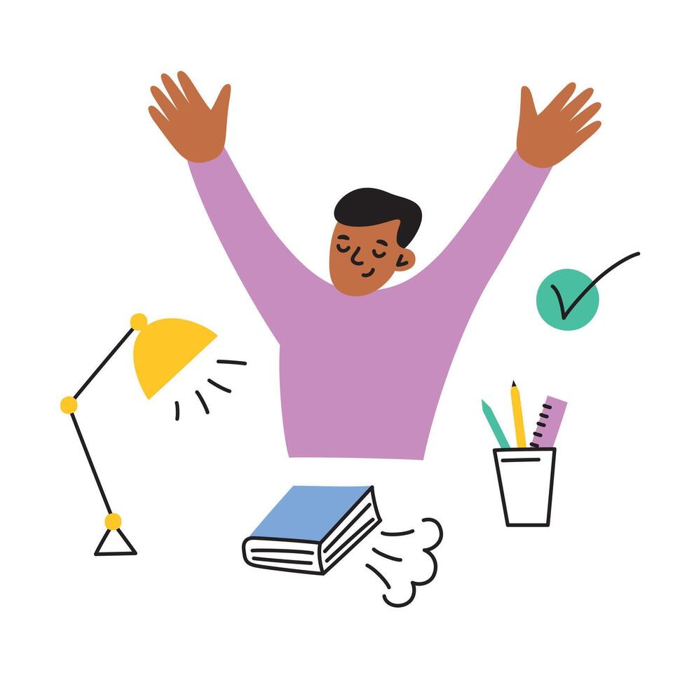 illustration of a student finish homework, ready for an exam, success and relief after studying. Boy reading book for school. Flat cartoon style, ideal for educational themes vector