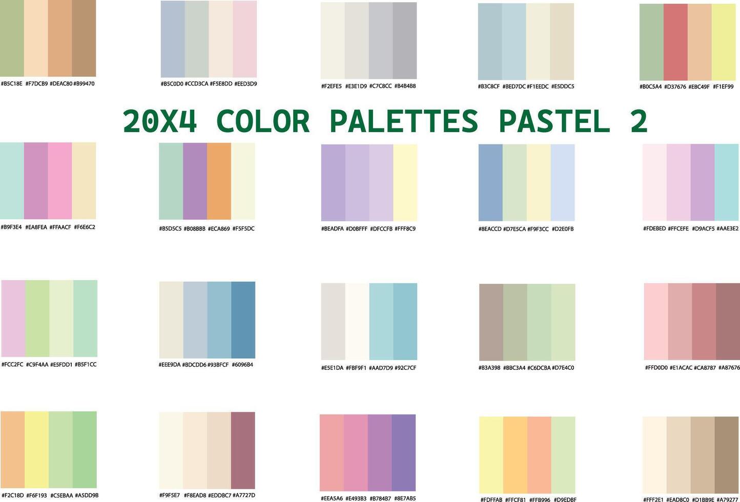 Color Palettes Pastel 2 20x4 With Hex Codes Different and Mix Trending Vibrant Colour Swatches Color Palette Square Color Pallette Painting Illustrator Artwork Colour Schemes vector